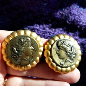 Simon Chang clip earrings medallion gold tone Art Nouveau style classical